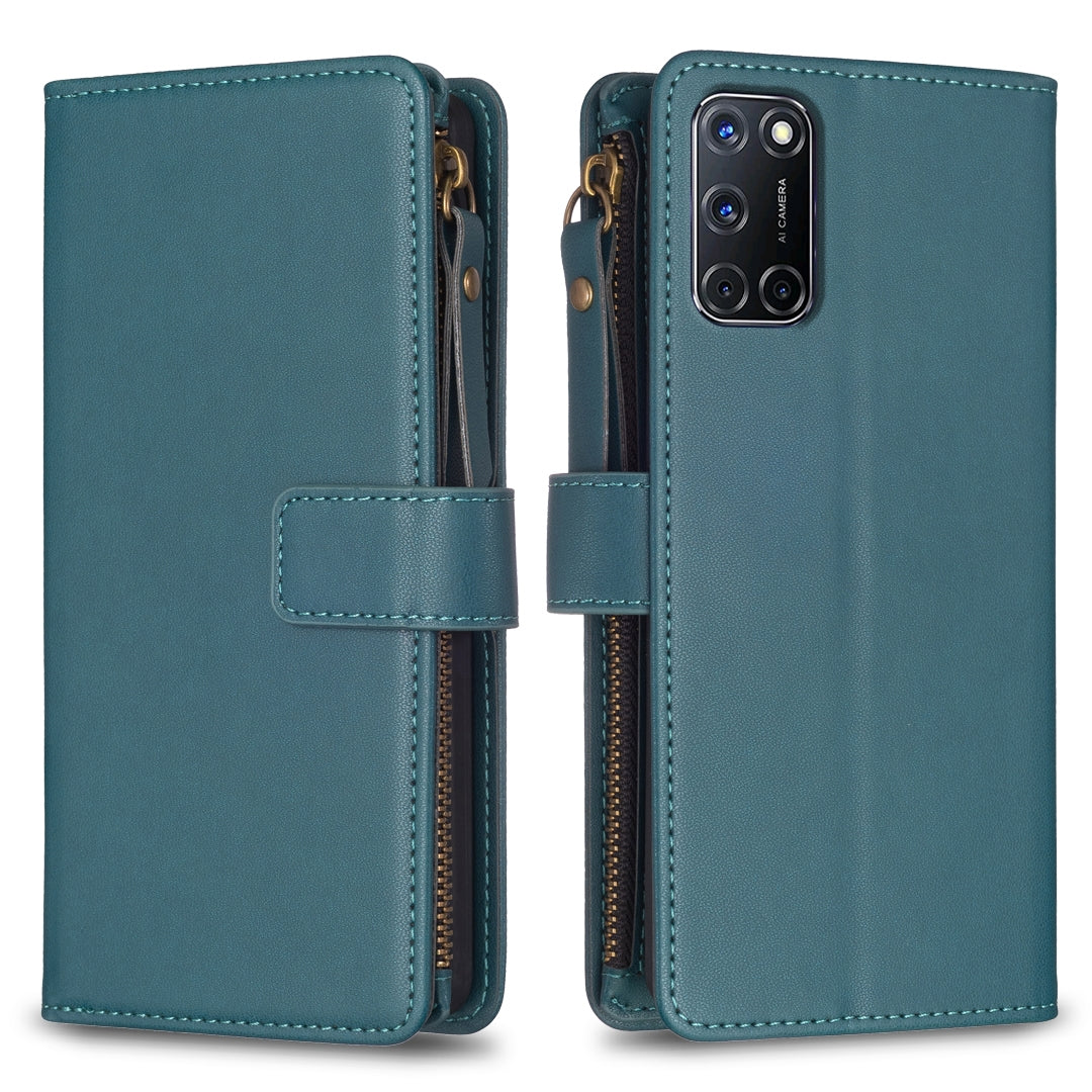 OPPO A72 Leather Flip Phone Case with 9 Card Slots, Zipper Wallet & Detachable Wristlet Strap