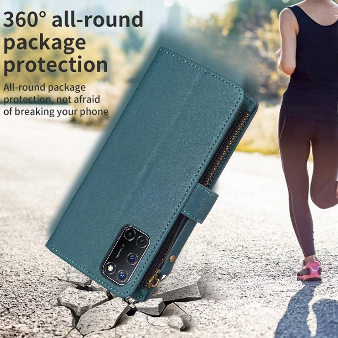 OPPO A72 Leather Flip Phone Case with 9 Card Slots, Zipper Wallet & Detachable Wristlet Strap