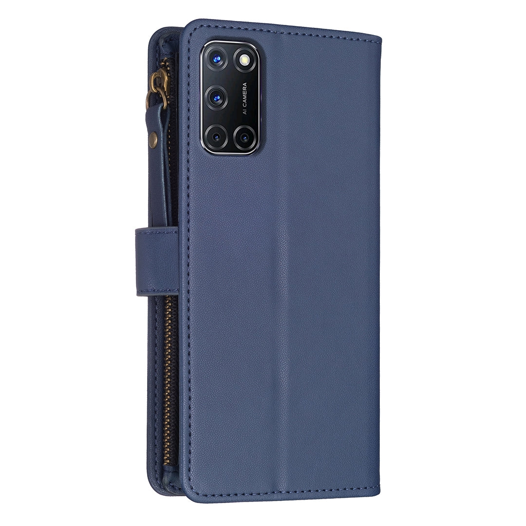 OPPO A72 Leather Flip Phone Case with 9 Card Slots, Zipper Wallet & Detachable Wristlet Strap