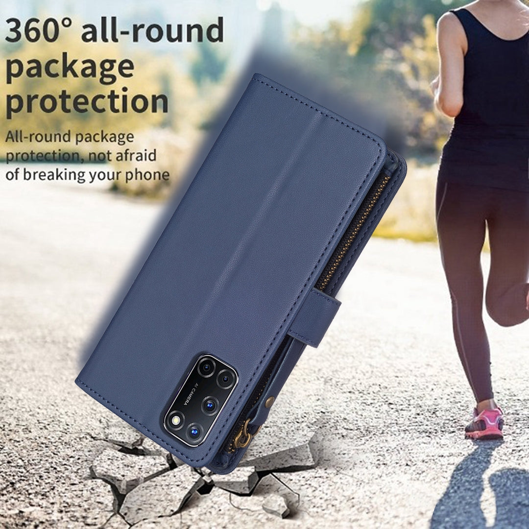 OPPO A92 Leather Flip Phone Case with 9 Card Slots, Zipper Wallet & Detachable Wristlet Strap