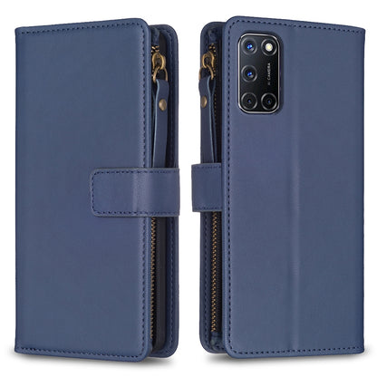OPPO A72 Leather Flip Phone Case with 9 Card Slots, Zipper Wallet & Detachable Wristlet Strap