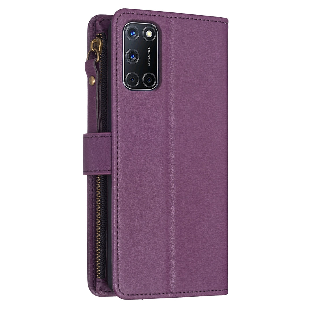 OPPO A92 Leather Flip Phone Case with 9 Card Slots, Zipper Wallet & Detachable Wristlet Strap