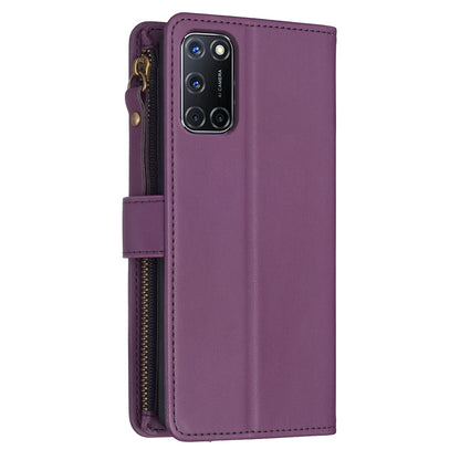 OPPO A72 Leather Flip Phone Case with 9 Card Slots, Zipper Wallet & Detachable Wristlet Strap