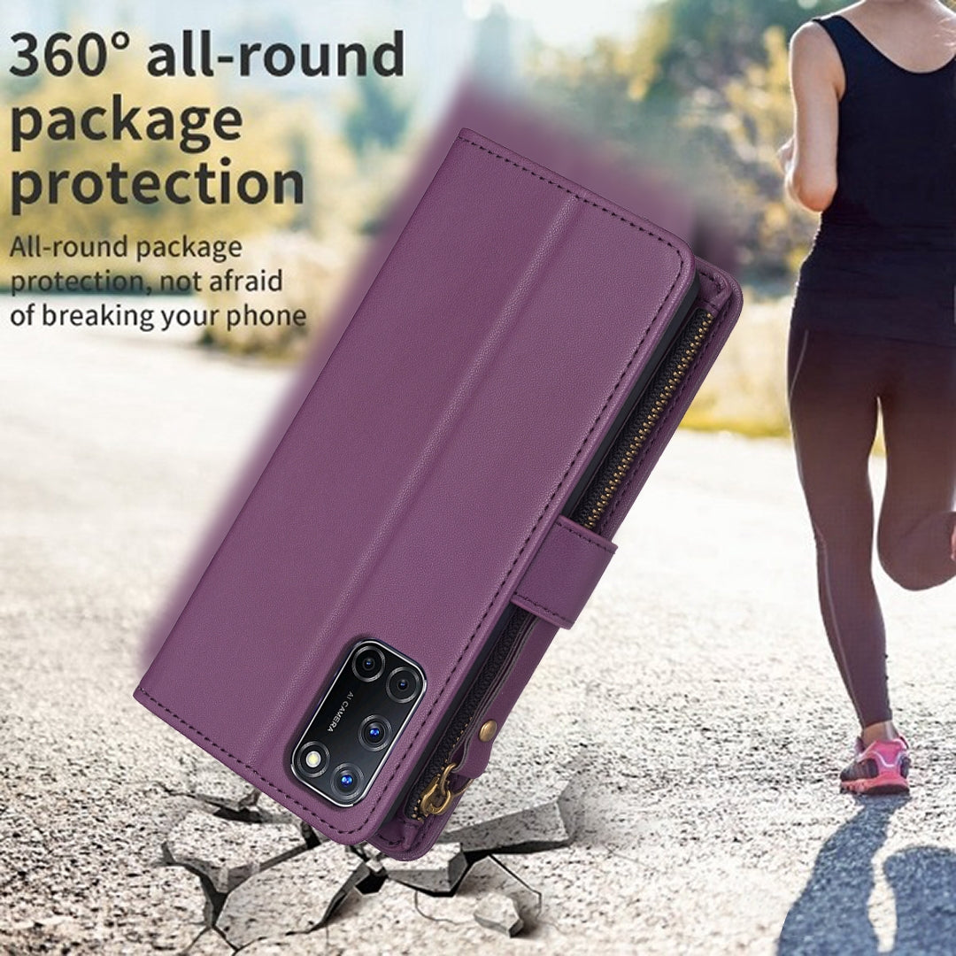 OPPO A92 Leather Flip Phone Case with 9 Card Slots, Zipper Wallet & Detachable Wristlet Strap