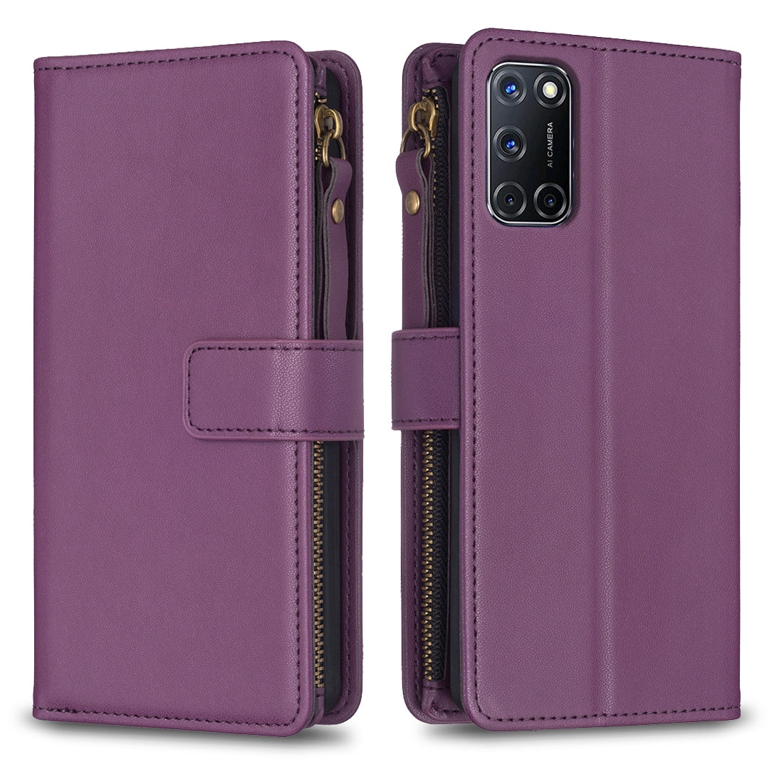 OPPO A72 Leather Flip Phone Case with 9 Card Slots, Zipper Wallet & Detachable Wristlet Strap
