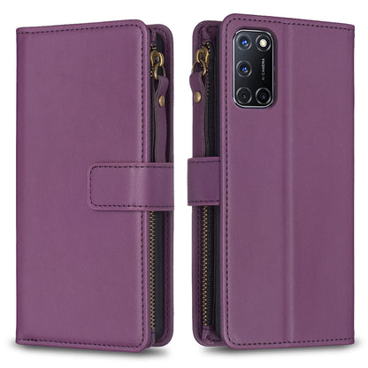 OPPO A72 Leather Flip Phone Case with 9 Card Slots, Zipper Wallet & Detachable Wristlet Strap