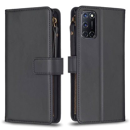 OPPO A72 Leather Flip Phone Case with 9 Card Slots, Zipper Wallet & Detachable Wristlet Strap