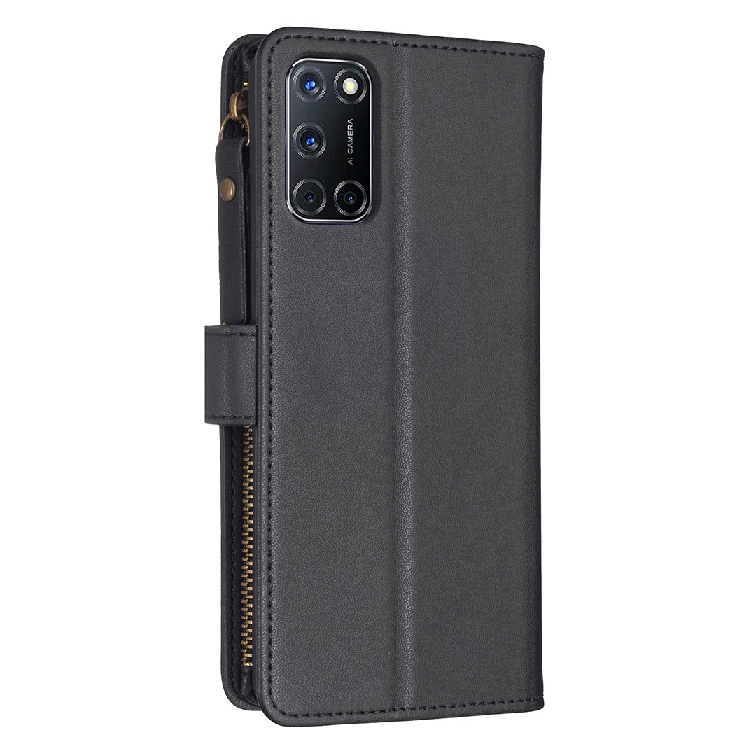 OPPO A92 Leather Flip Phone Case with 9 Card Slots, Zipper Wallet & Detachable Wristlet Strap