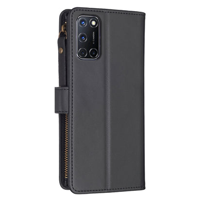 OPPO A72 Leather Flip Phone Case with 9 Card Slots, Zipper Wallet & Detachable Wristlet Strap