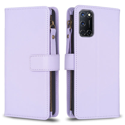 OPPO A72 Leather Flip Phone Case with 9 Card Slots, Zipper Wallet & Detachable Wristlet Strap