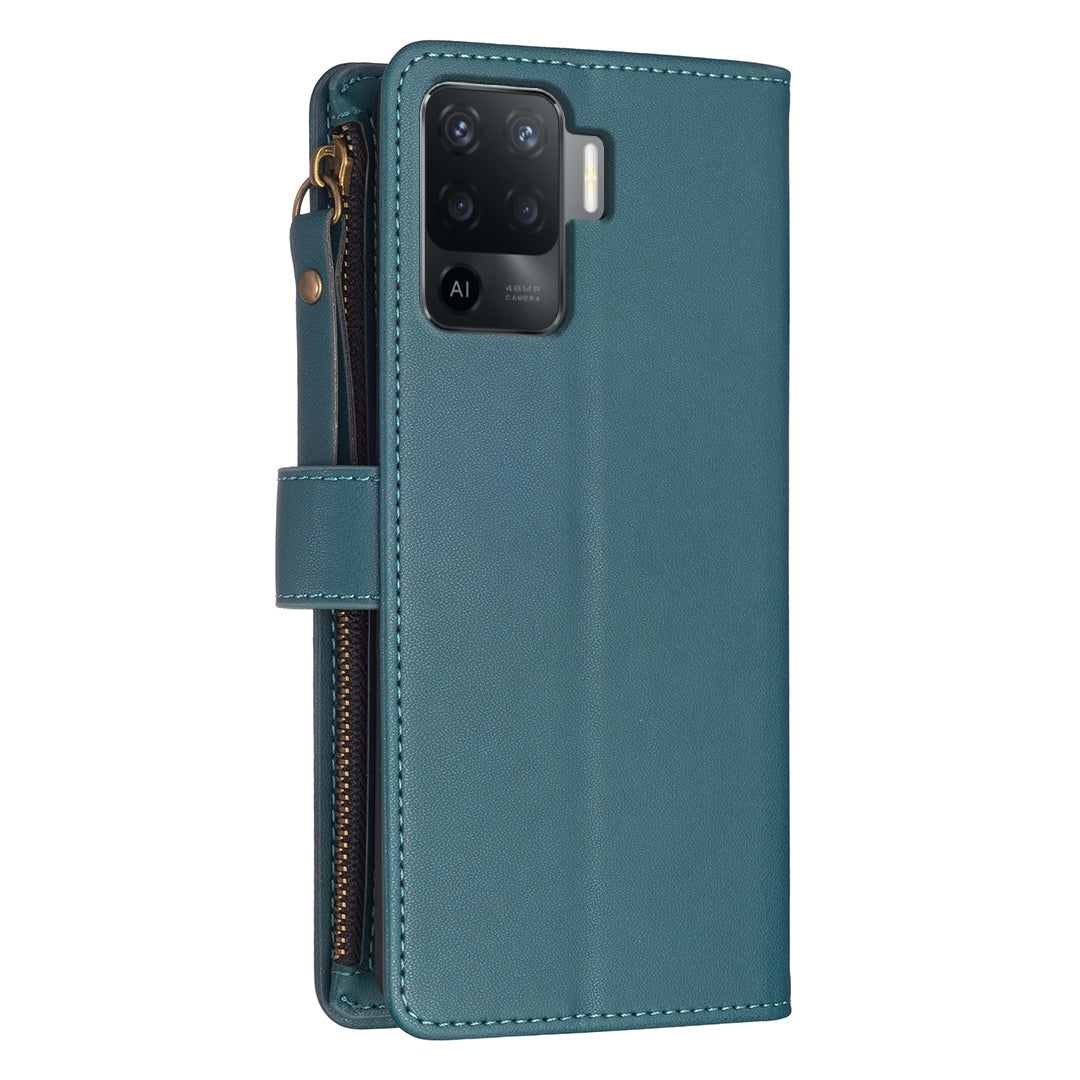 OPPO F19 Pro Leather Flip Phone Case with 9 Card Slots, Zipper Wallet & Detachable Wristlet Strap