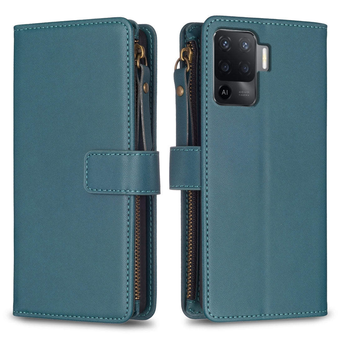 OPPO F19 Pro Leather Flip Phone Case with 9 Card Slots, Zipper Wallet & Detachable Wristlet Strap
