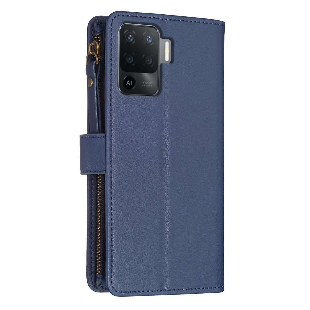 OPPO F19 Pro Leather Flip Phone Case with 9 Card Slots, Zipper Wallet & Detachable Wristlet Strap