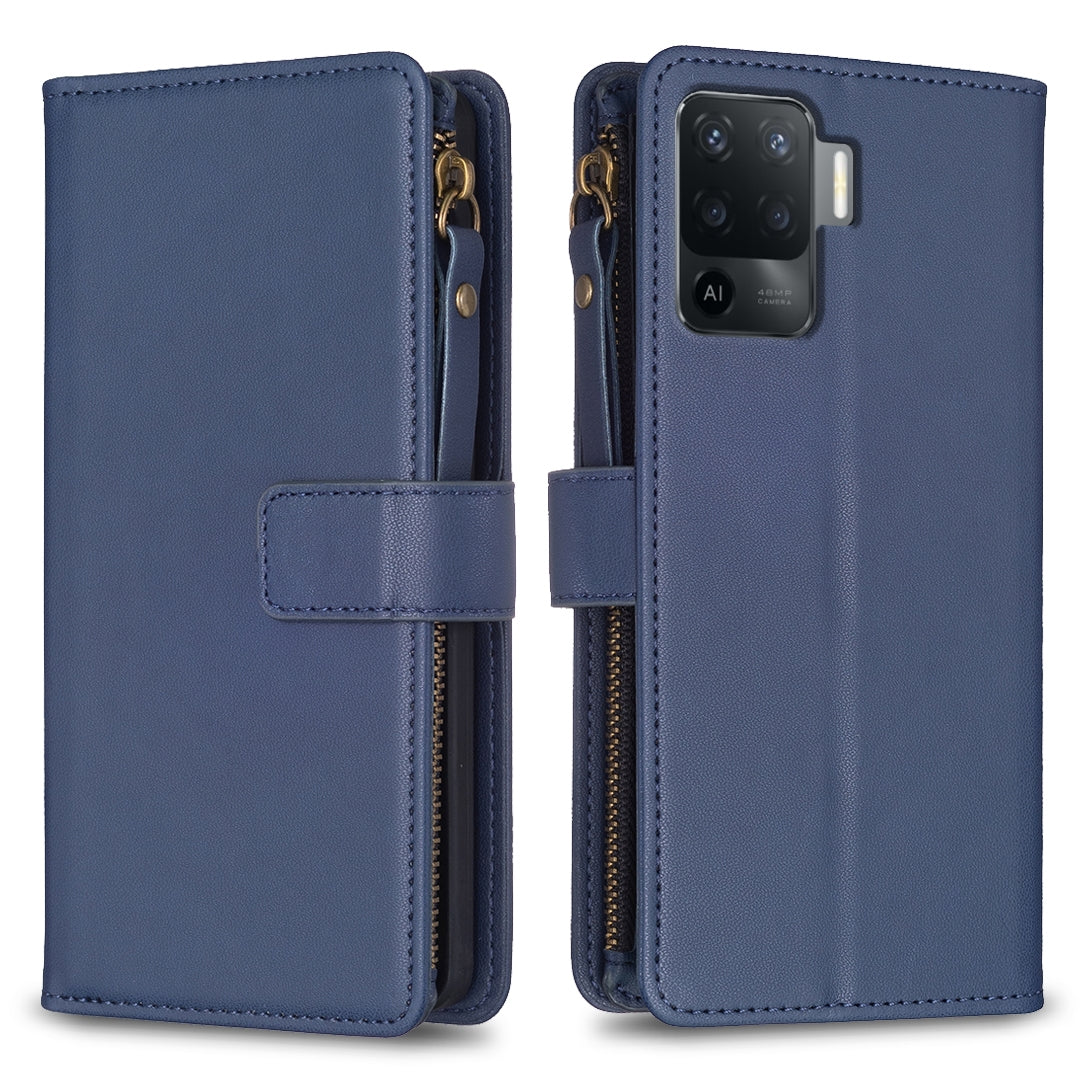OPPO F19 Pro Leather Flip Phone Case with 9 Card Slots, Zipper Wallet & Detachable Wristlet Strap