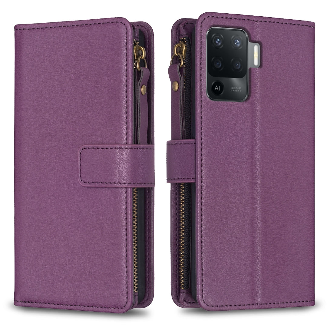 OPPO A94 4G Leather Flip Phone Case with 9 Card Slots, Zipper Wallet & Detachable Wristlet Strap