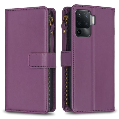 OPPO A94 4G Leather Flip Phone Case with 9 Card Slots, Zipper Wallet & Detachable Wristlet Strap