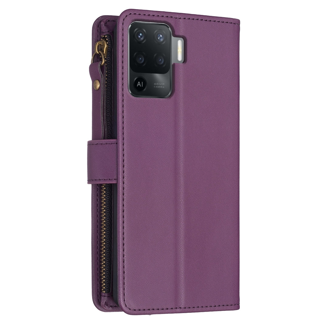 OPPO F19 Pro Leather Flip Phone Case with 9 Card Slots, Zipper Wallet & Detachable Wristlet Strap