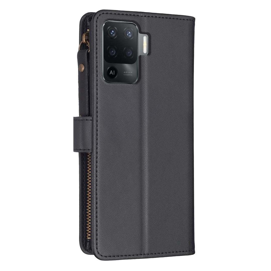OPPO F19 Pro Leather Flip Phone Case with 9 Card Slots, Zipper Wallet & Detachable Wristlet Strap