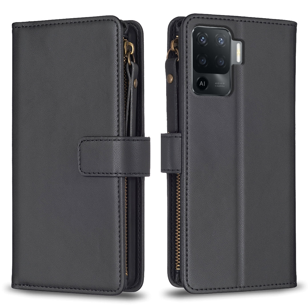 OPPO F19 Pro Leather Flip Phone Case with 9 Card Slots, Zipper Wallet & Detachable Wristlet Strap