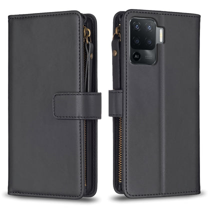 OPPO F19 Pro Leather Flip Phone Case with 9 Card Slots, Zipper Wallet & Detachable Wristlet Strap