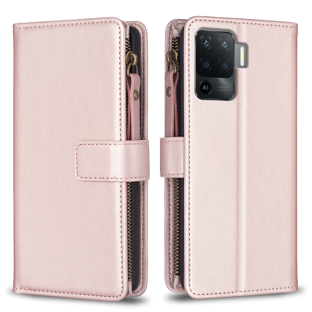OPPO A94 4G Leather Flip Phone Case with 9 Card Slots, Zipper Wallet & Detachable Wristlet Strap