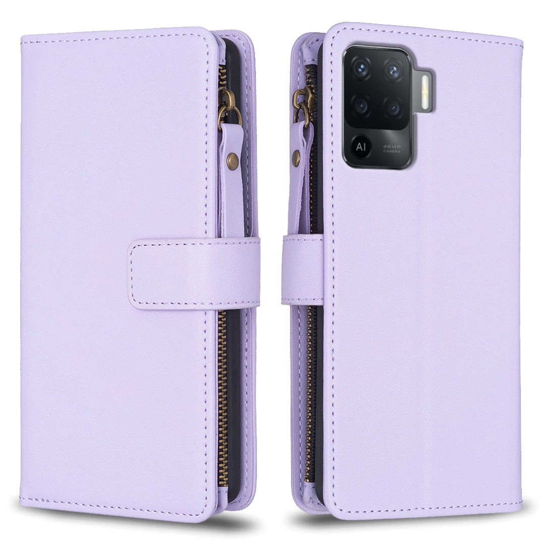 OPPO A94 4G Leather Flip Phone Case with 9 Card Slots, Zipper Wallet & Detachable Wristlet Strap