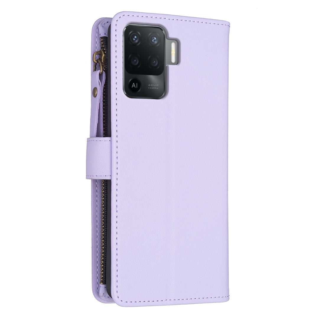 OPPO F19 Pro Leather Flip Phone Case with 9 Card Slots, Zipper Wallet & Detachable Wristlet Strap