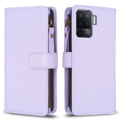 OPPO F19 Pro Leather Flip Phone Case with 9 Card Slots, Zipper Wallet & Detachable Wristlet Strap