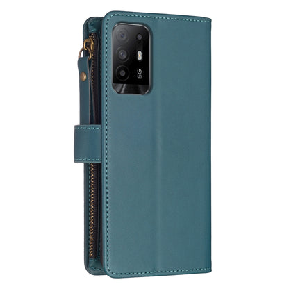 OPPO F19 Pro+ Leather Flip Phone Case with 9 Card Slots, Zipper Wallet & Detachable Wristlet Strap