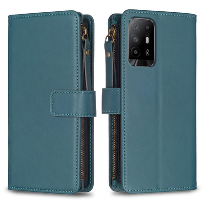 OPPO A94 5G Leather Flip Phone Case with 9 Card Slots, Zipper Wallet & Detachable Wristlet Strap