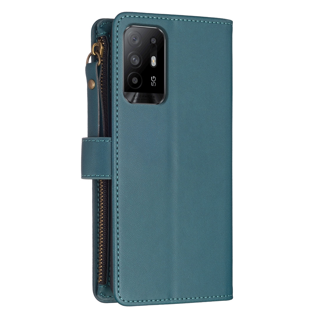 OPPO A94 5G Leather Flip Phone Case with 9 Card Slots, Zipper Wallet & Detachable Wristlet Strap
