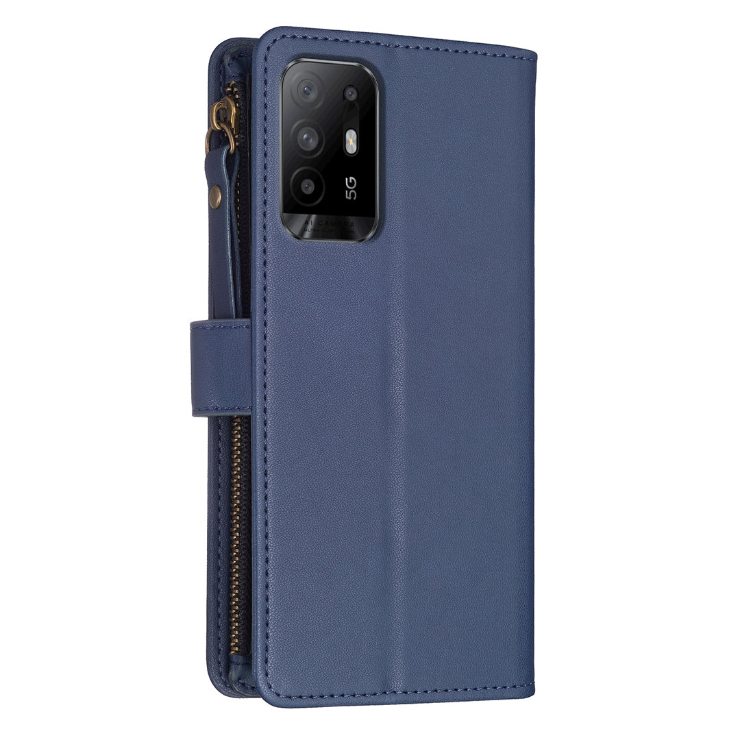 OPPO A94 5G Leather Flip Phone Case with 9 Card Slots, Zipper Wallet & Detachable Wristlet Strap