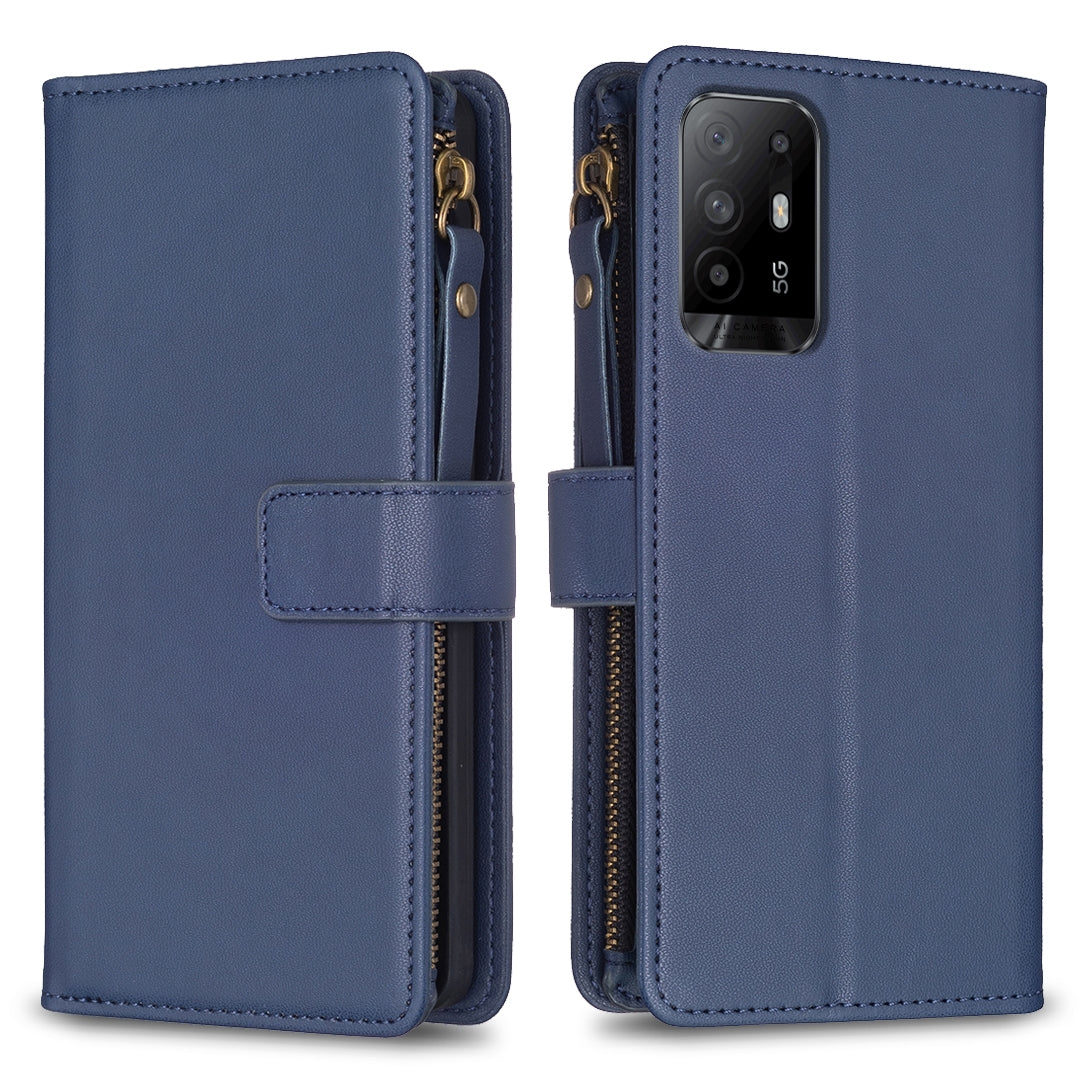 OPPO A94 5G Leather Flip Phone Case with 9 Card Slots, Zipper Wallet & Detachable Wristlet Strap