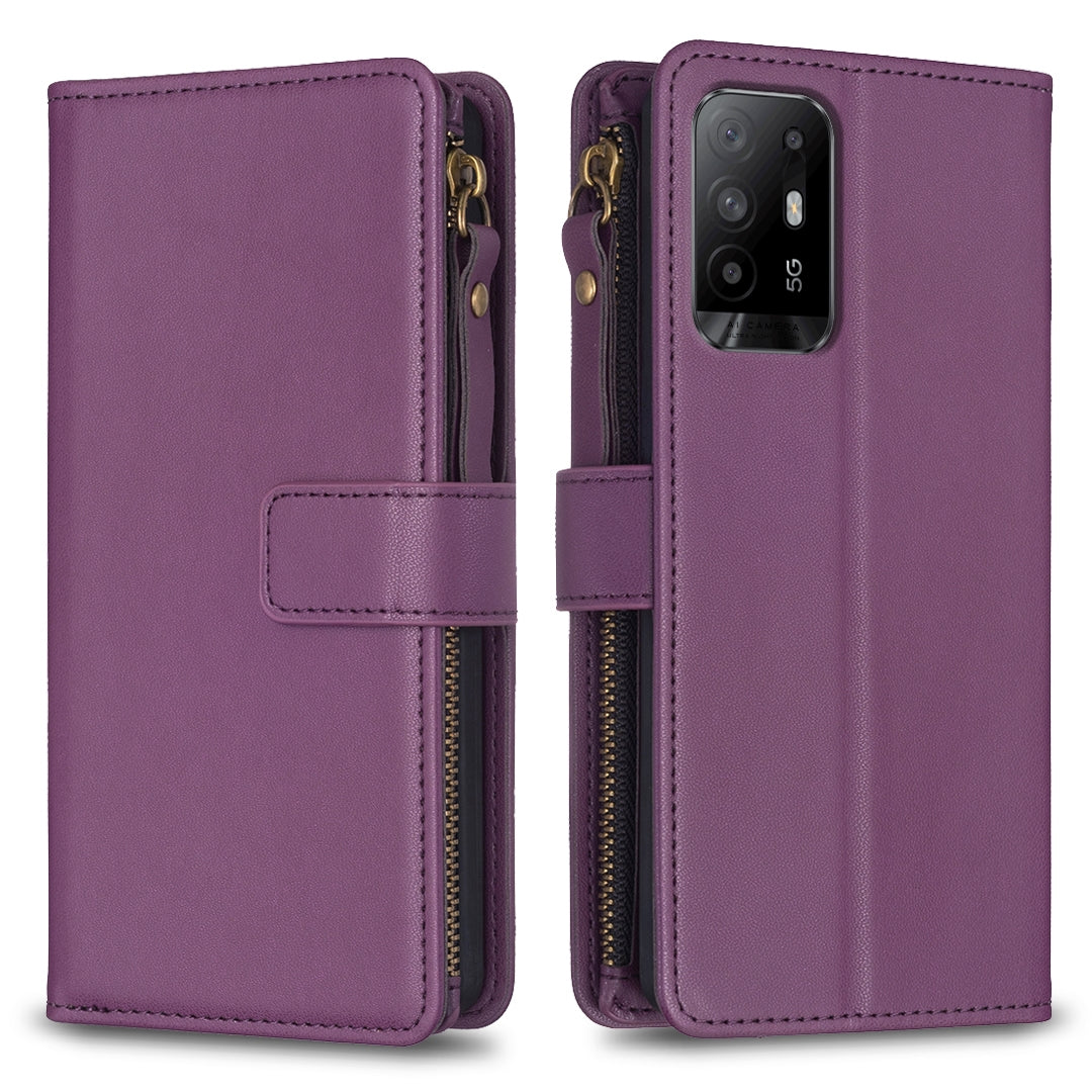 OPPO F19 Pro+ Leather Flip Phone Case with 9 Card Slots, Zipper Wallet & Detachable Wristlet Strap
