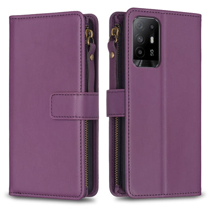 OPPO A94 5G Leather Flip Phone Case with 9 Card Slots, Zipper Wallet & Detachable Wristlet Strap