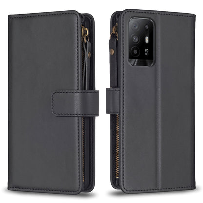 OPPO F19 Pro+ Leather Flip Phone Case with 9 Card Slots, Zipper Wallet & Detachable Wristlet Strap