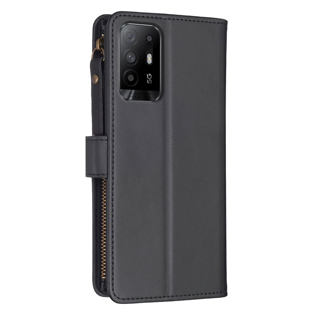 OPPO F19 Pro+ Leather Flip Phone Case with 9 Card Slots, Zipper Wallet & Detachable Wristlet Strap
