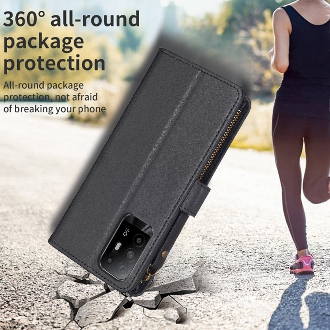 OPPO A94 5G Leather Flip Phone Case with 9 Card Slots, Zipper Wallet & Detachable Wristlet Strap