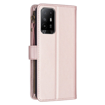 OPPO F19 Pro+ Leather Flip Phone Case with 9 Card Slots, Zipper Wallet & Detachable Wristlet Strap