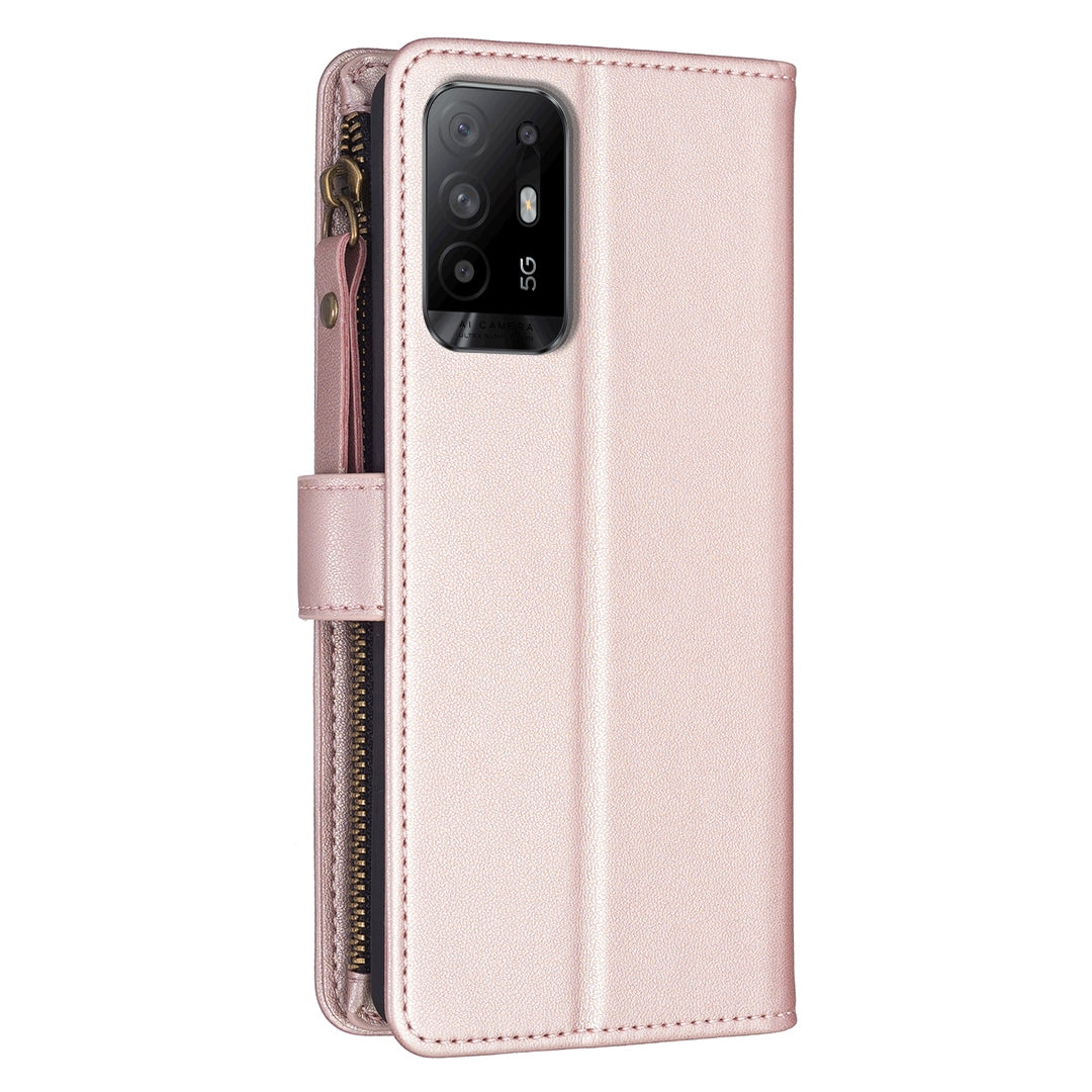 OPPO A94 5G Leather Flip Phone Case with 9 Card Slots, Zipper Wallet & Detachable Wristlet Strap