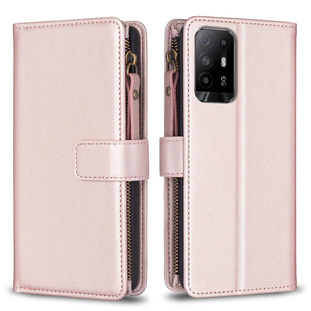 OPPO A94 5G Leather Flip Phone Case with 9 Card Slots, Zipper Wallet & Detachable Wristlet Strap