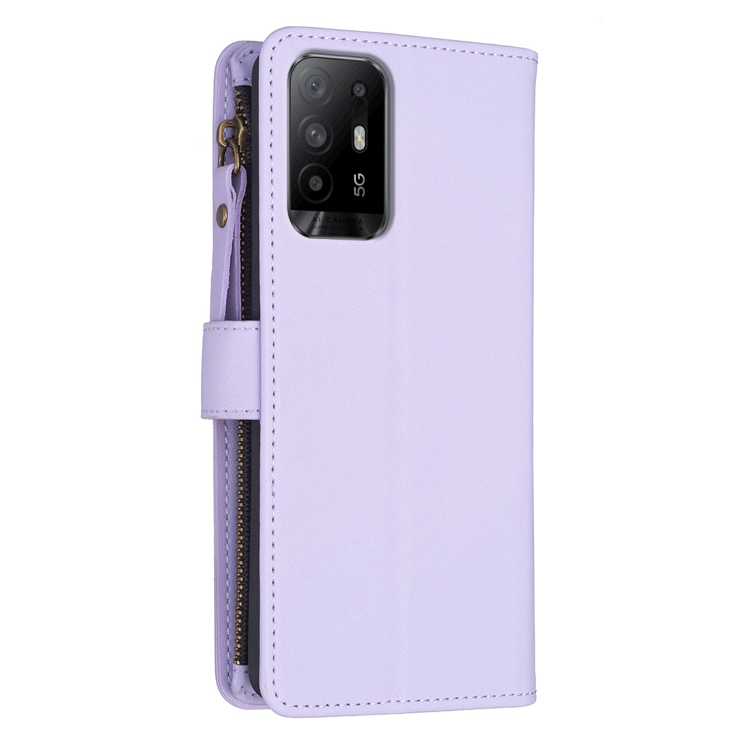 OPPO F19 Pro+ Leather Flip Phone Case with 9 Card Slots, Zipper Wallet & Detachable Wristlet Strap
