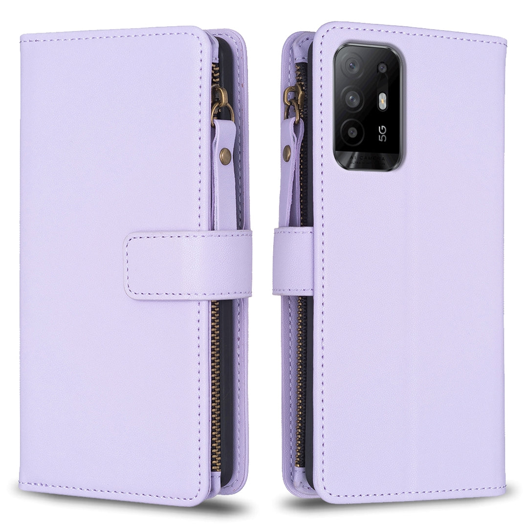 OPPO A94 5G Leather Flip Phone Case with 9 Card Slots, Zipper Wallet & Detachable Wristlet Strap