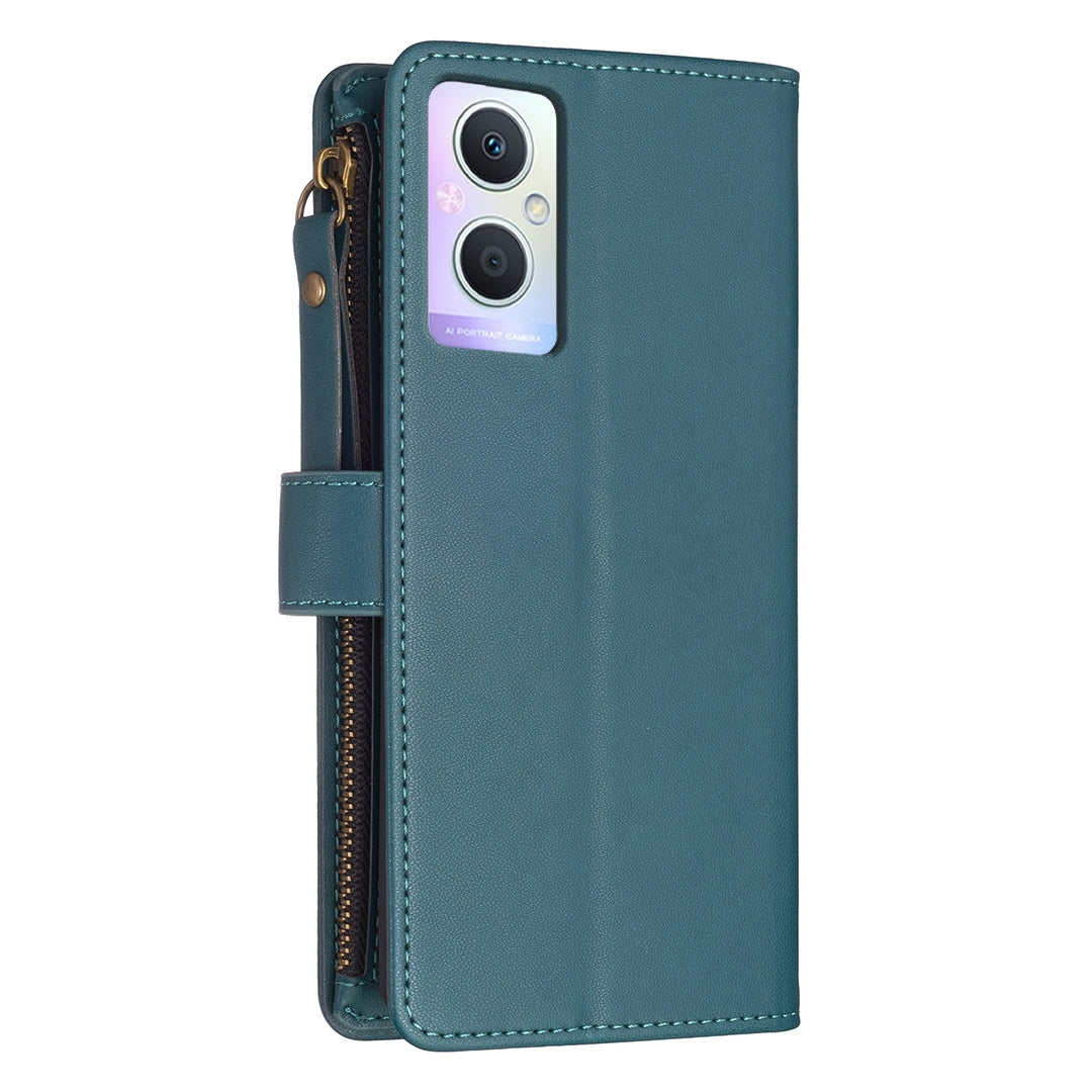 OPPO A96 5G Leather Flip Phone Case with 9 Card Slots, Zipper Wallet & Detachable Wristlet Strap