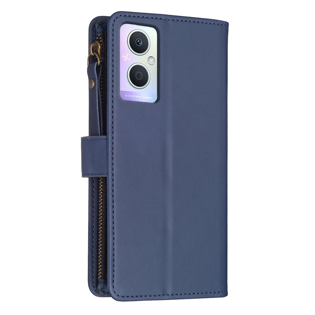 OPPO A96 5G Leather Flip Phone Case with 9 Card Slots, Zipper Wallet & Detachable Wristlet Strap