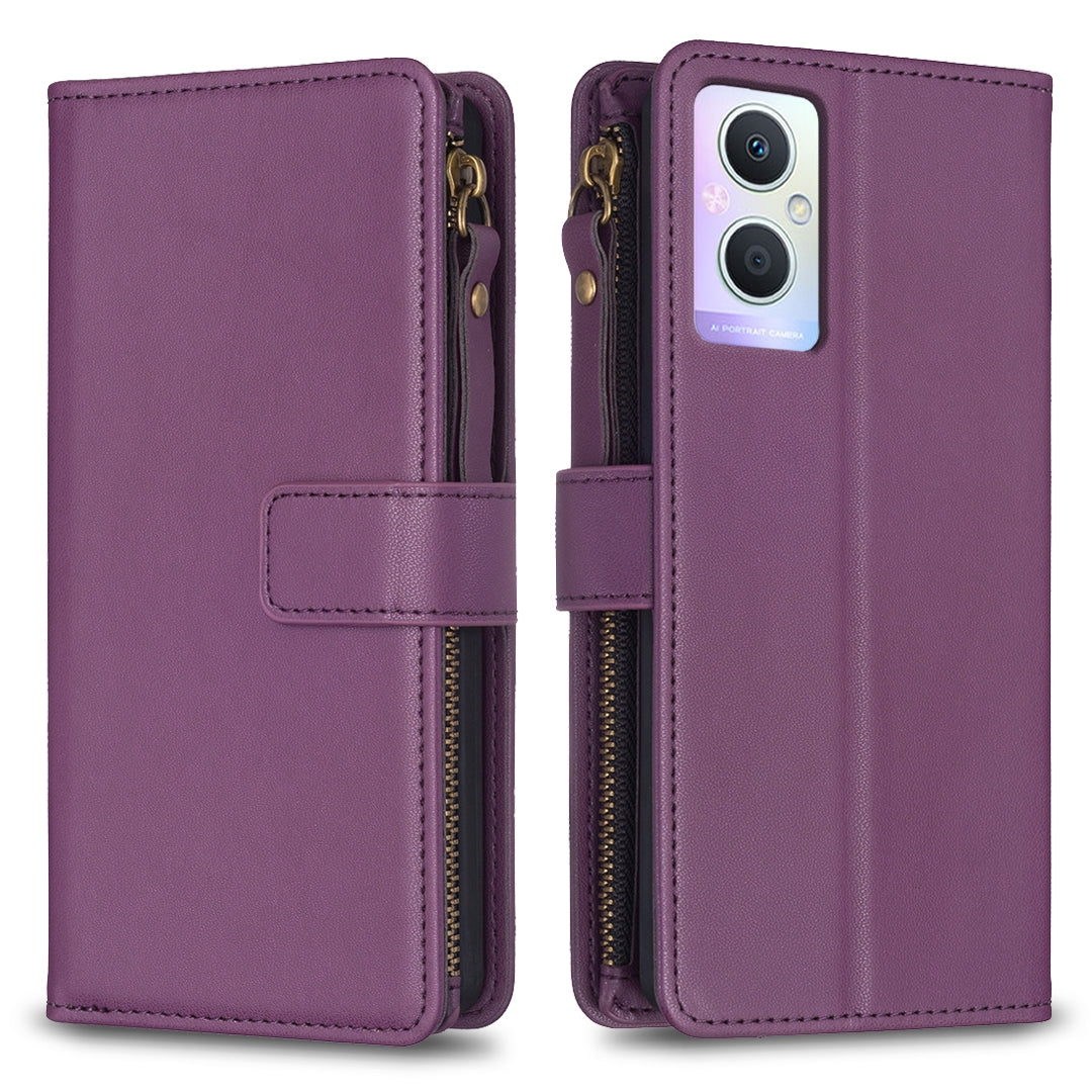 OPPO A96 5G Leather Flip Phone Case with 9 Card Slots, Zipper Wallet & Detachable Wristlet Strap