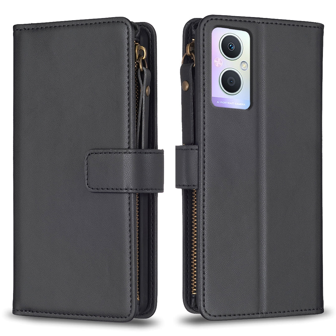 OPPO A96 5G Leather Flip Phone Case with 9 Card Slots, Zipper Wallet & Detachable Wristlet Strap