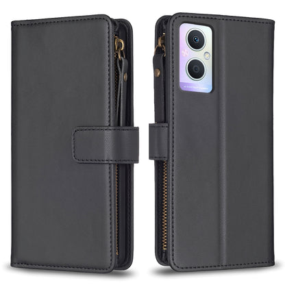 OPPO A96 5G Leather Flip Phone Case with 9 Card Slots, Zipper Wallet & Detachable Wristlet Strap