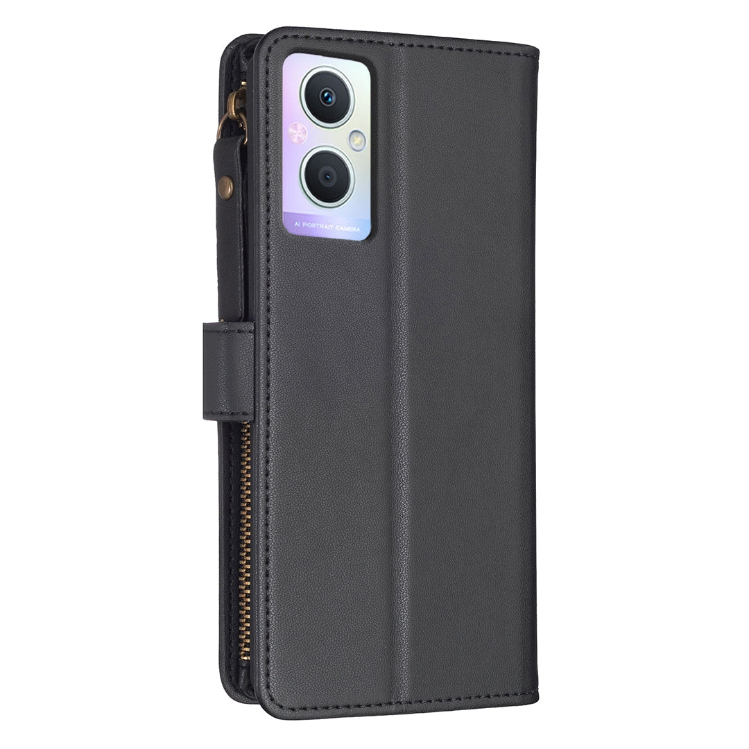OPPO A96 5G Leather Flip Phone Case with 9 Card Slots, Zipper Wallet & Detachable Wristlet Strap