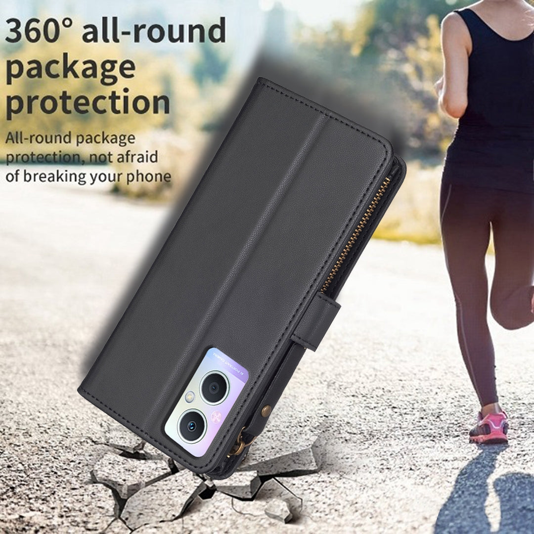 OPPO A96 5G Leather Flip Phone Case with 9 Card Slots, Zipper Wallet & Detachable Wristlet Strap